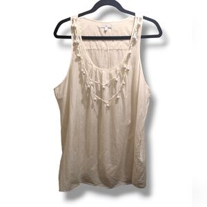GAP Semi Sheer Sleeveless Pom Pom Crochet Tank Top Antique White Cotton Silk- L